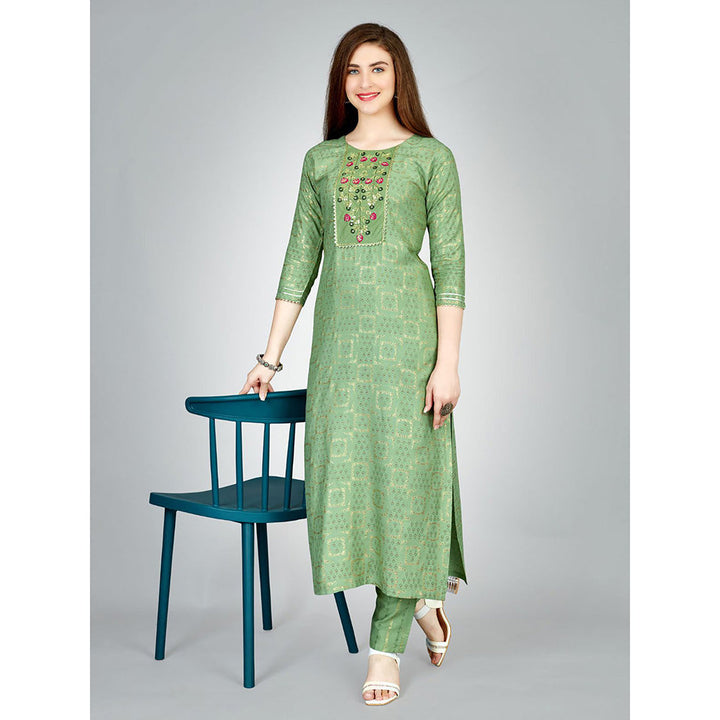 Odette Light Green Embroidered Rayon Kurta with Pant (Set of 2)