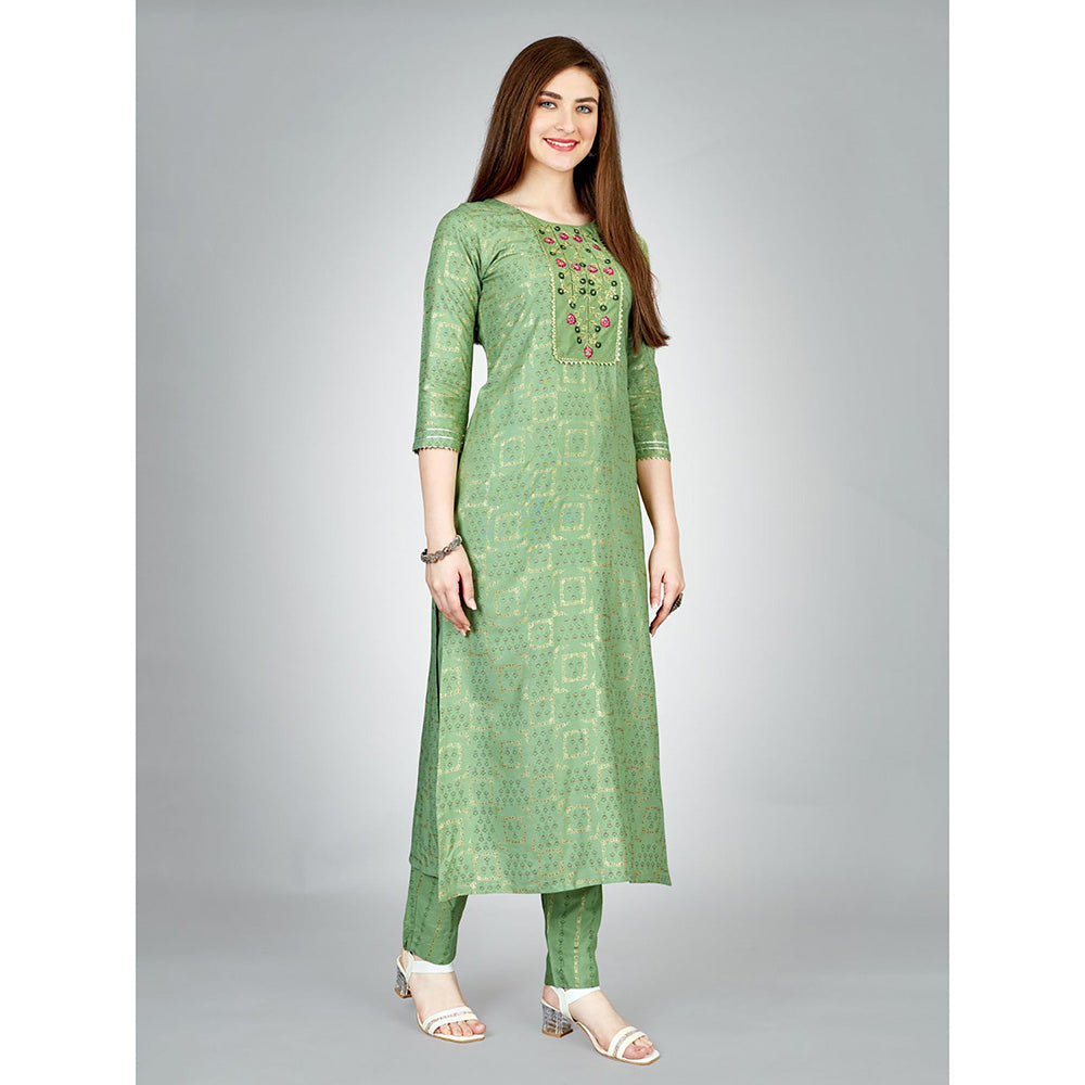 Odette Light Green Embroidered Rayon Kurta with Pant (Set of 2)