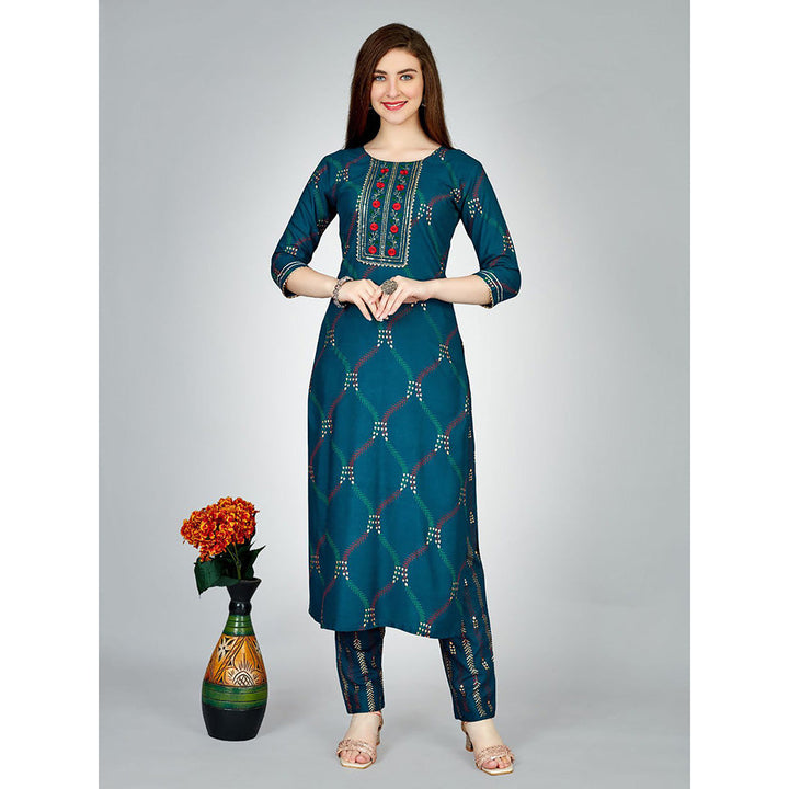 Odette Dark Blue Embroidered Rayon Kurta with Pant (Set of 2)