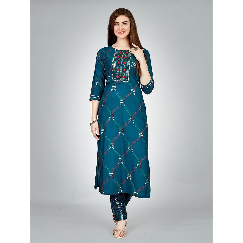 Odette Dark Blue Embroidered Rayon Kurta with Pant (Set of 2)