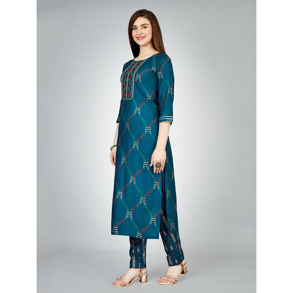 Odette Dark Blue Embroidered Rayon Kurta with Pant (Set of 2)