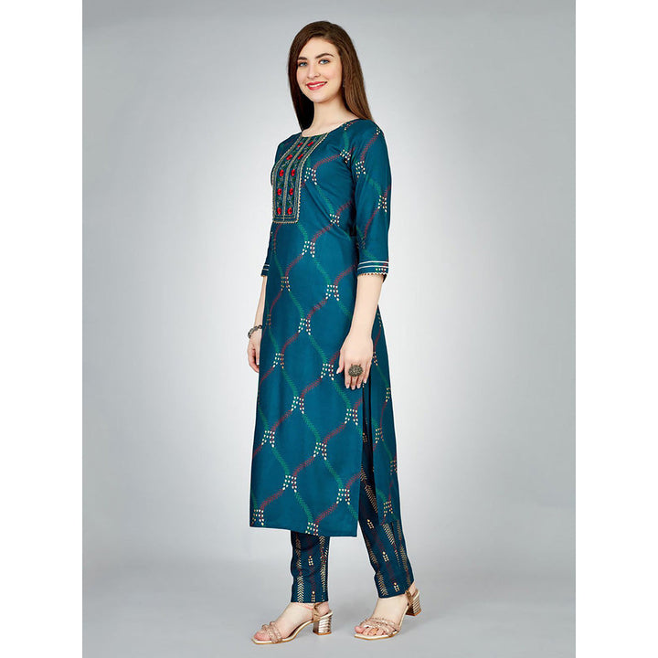 Odette Dark Blue Embroidered Rayon Kurta with Pant (Set of 2)