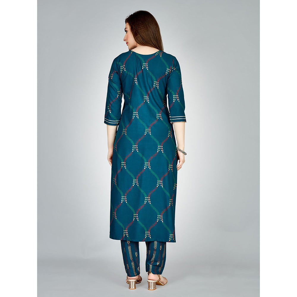 Odette Dark Blue Embroidered Rayon Kurta with Pant (Set of 2)