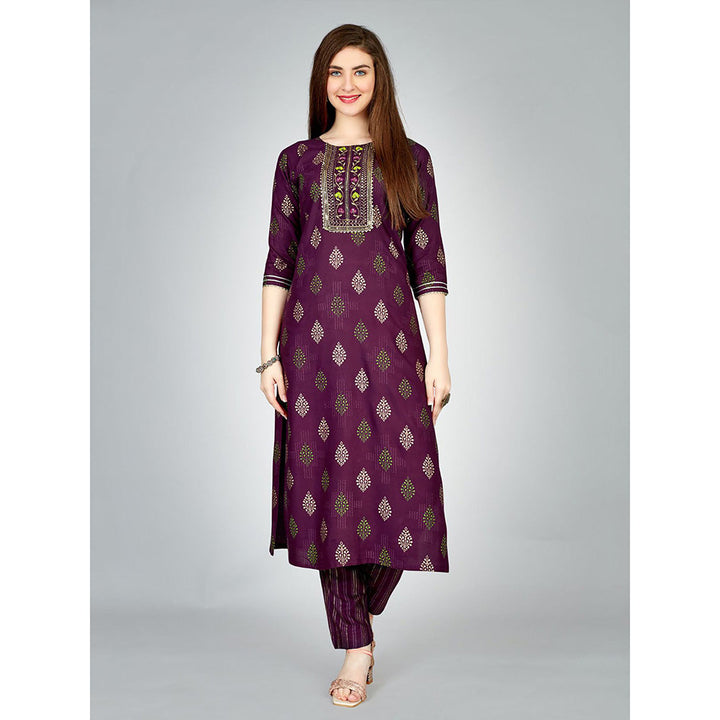 Odette Purple Embroidered Rayon Kurta with Pant (Set of 2)