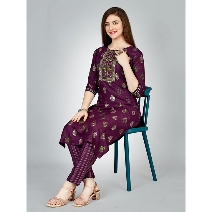 Odette Purple Embroidered Rayon Kurta with Pant (Set of 2)