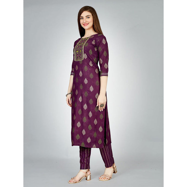 Odette Purple Embroidered Rayon Kurta with Pant (Set of 2)