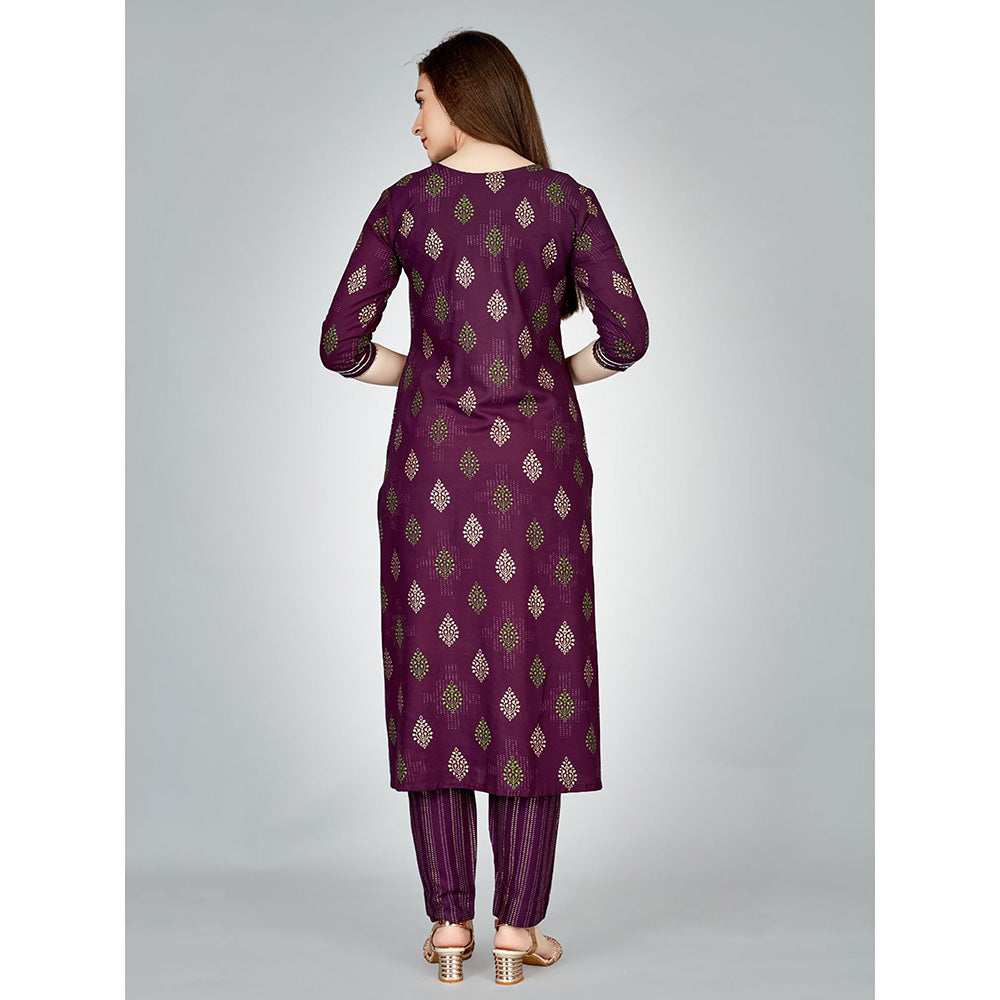 Odette Purple Embroidered Rayon Kurta with Pant (Set of 2)