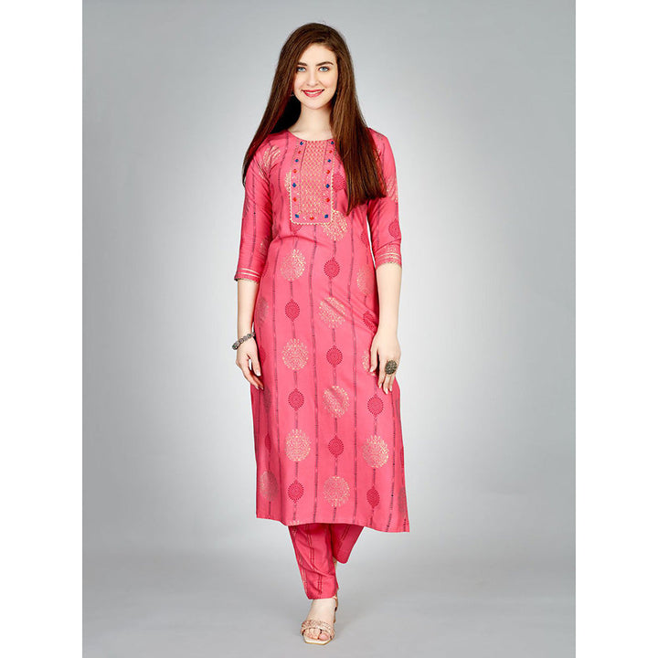 Odette Pink Embroidered Rayon Kurta with Pant (Set of 2)