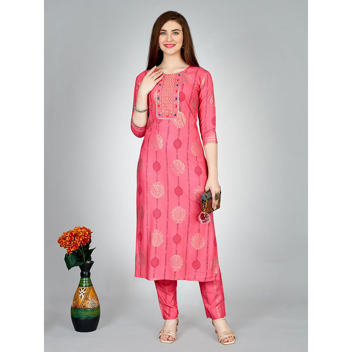 Odette Pink Embroidered Rayon Kurta with Pant (Set of 2)