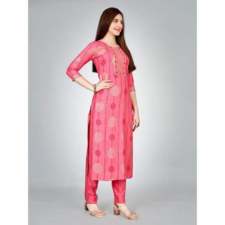 Odette Pink Embroidered Rayon Kurta with Pant (Set of 2)