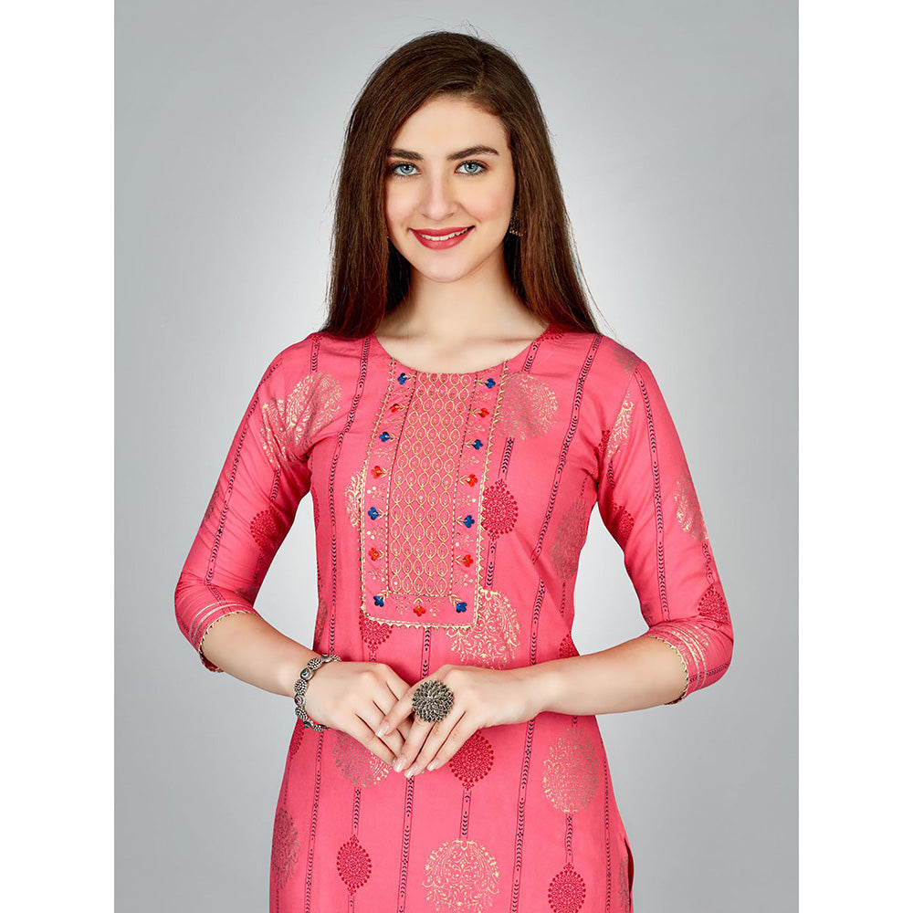 Odette Pink Embroidered Rayon Kurta with Pant (Set of 2)