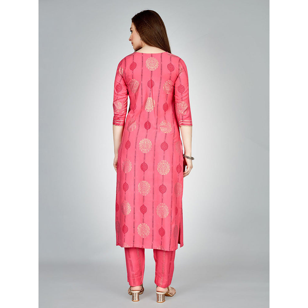 Odette Pink Embroidered Rayon Kurta with Pant (Set of 2)