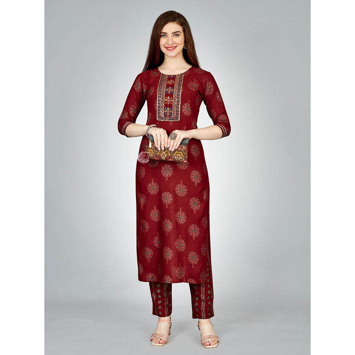 Odette Maroon Embroidered Rayon Kurta with Pant (Set of 2)