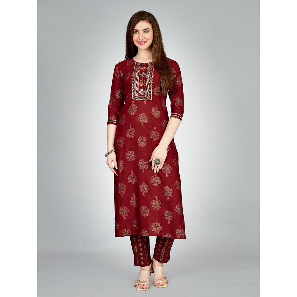 Odette Maroon Embroidered Rayon Kurta with Pant (Set of 2)