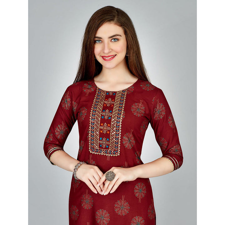 Odette Maroon Embroidered Rayon Kurta with Pant (Set of 2)