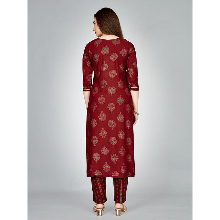 Odette Maroon Embroidered Rayon Kurta with Pant (Set of 2)