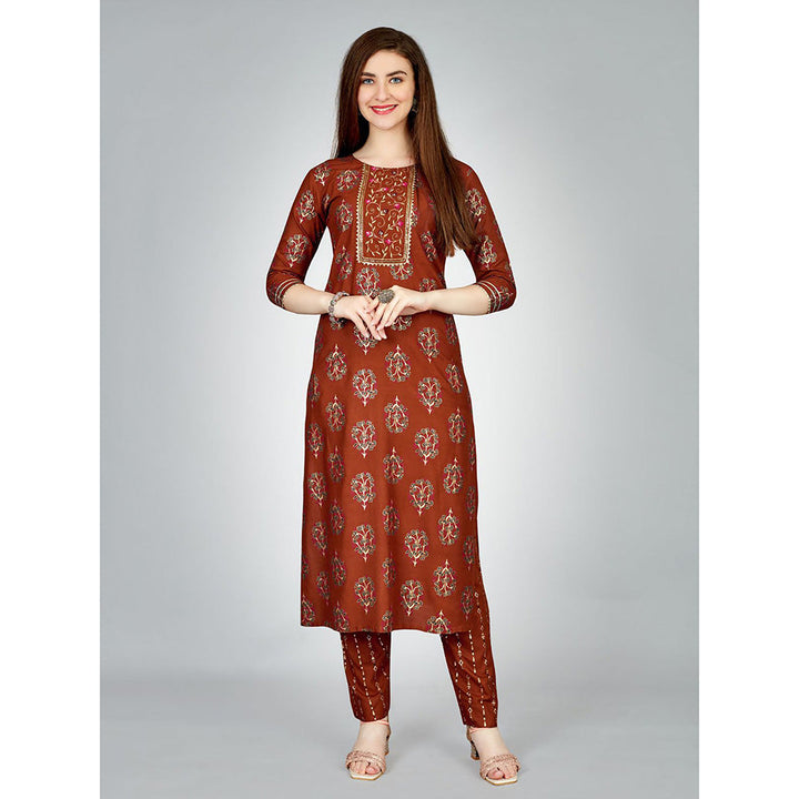 Odette Rust Embroidered Rayon Kurta with Pant (Set of 2)