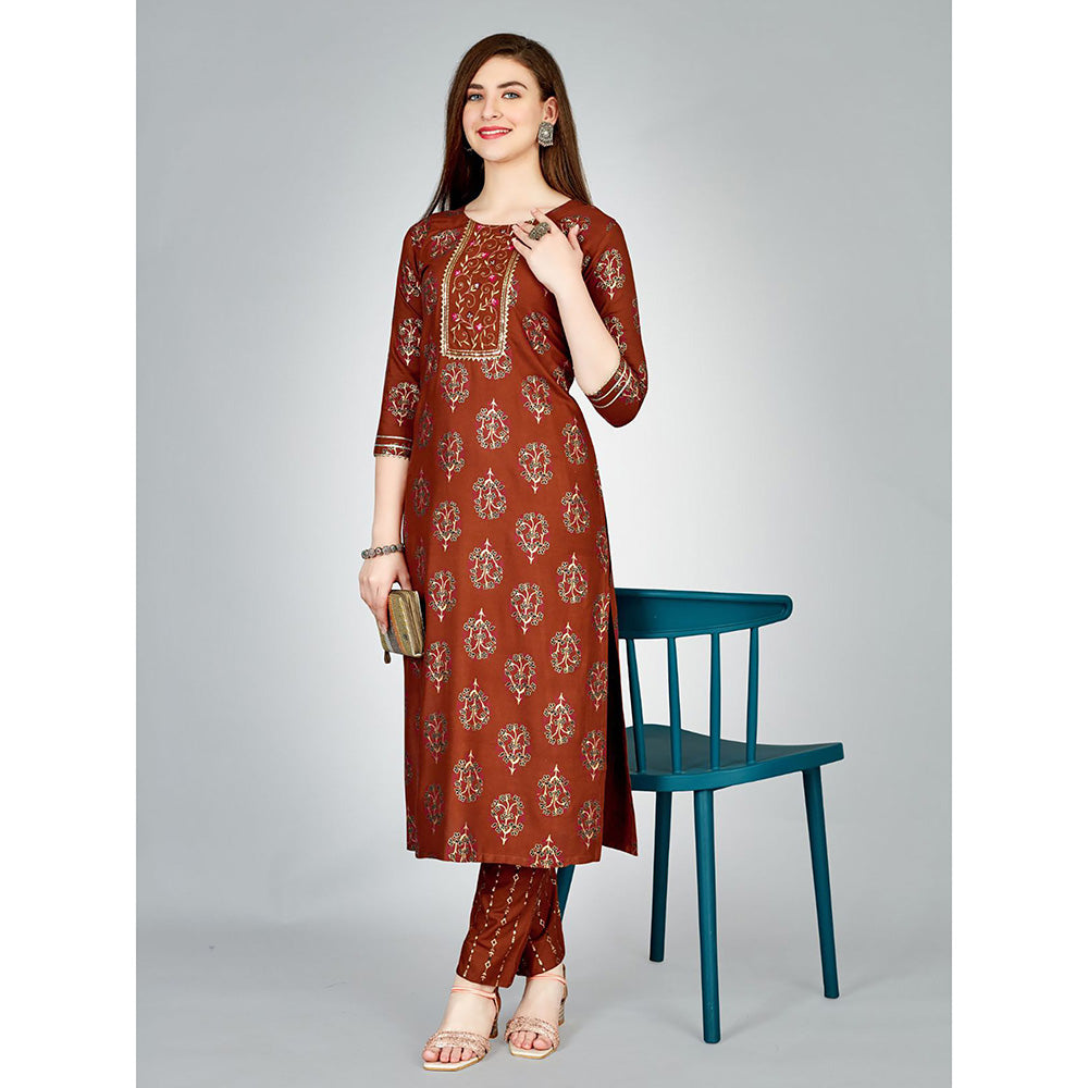 Odette Rust Embroidered Rayon Kurta with Pant (Set of 2)