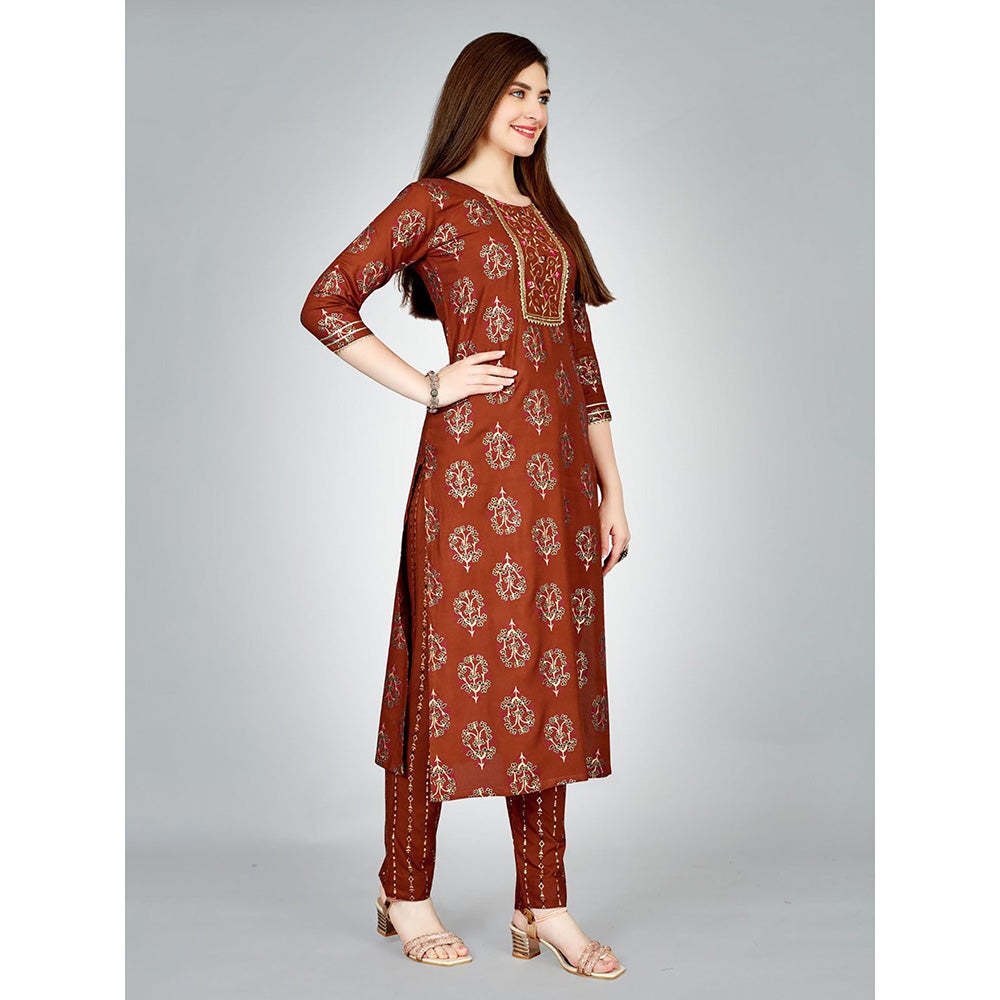 Odette Rust Embroidered Rayon Kurta with Pant (Set of 2)