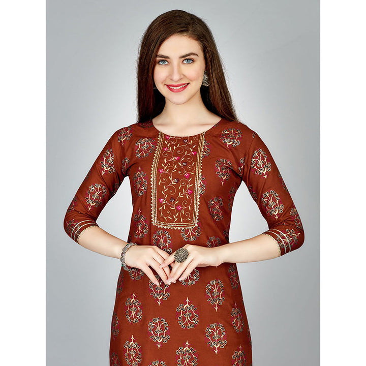 Odette Rust Embroidered Rayon Kurta with Pant (Set of 2)