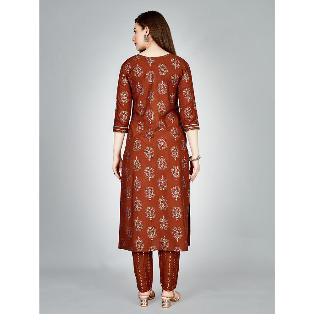 Odette Rust Embroidered Rayon Kurta with Pant (Set of 2)