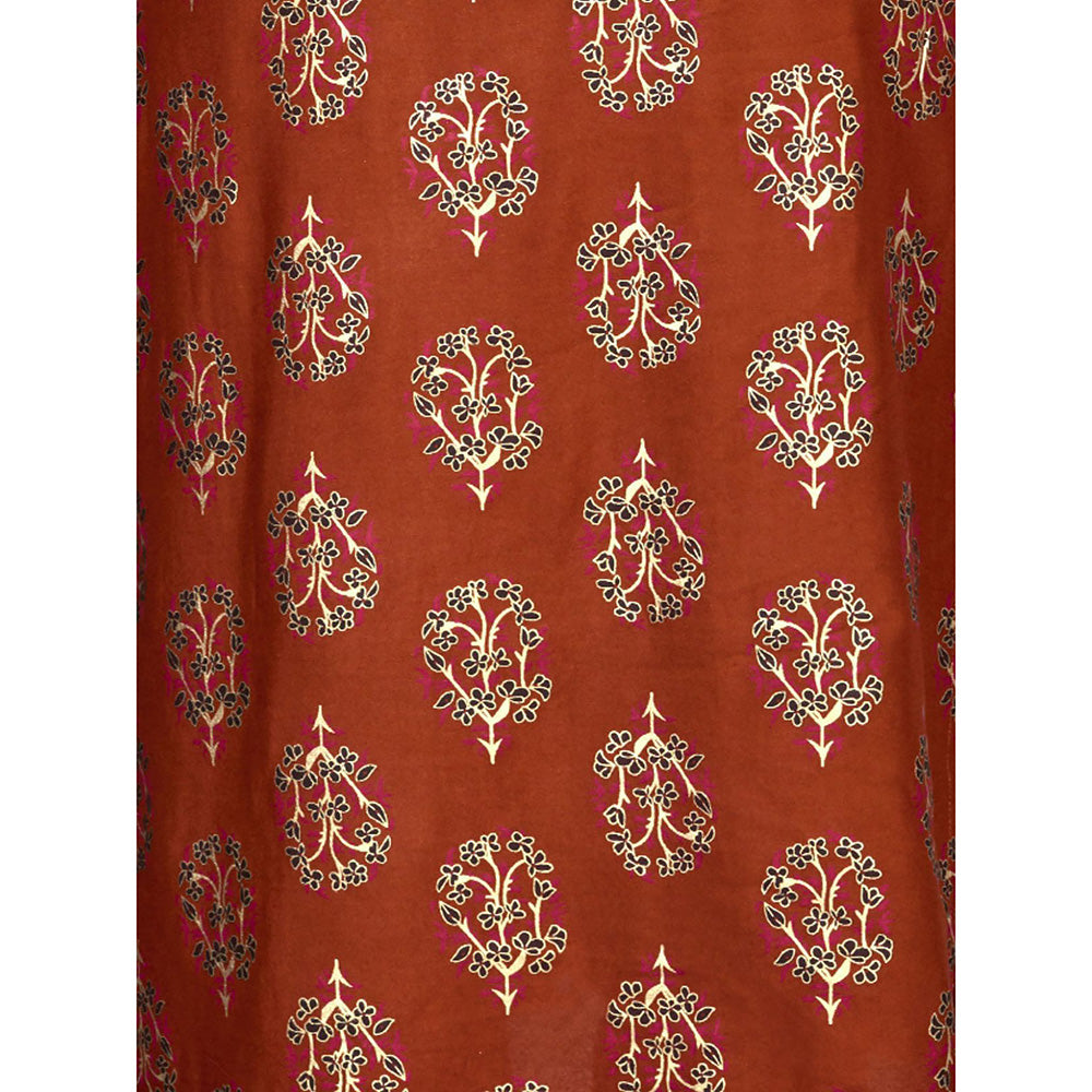 Odette Rust Embroidered Rayon Kurta with Pant (Set of 2)