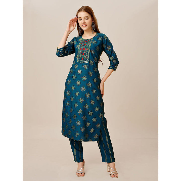 Odette Blue Embroidered Rayon Kurta with Pant (Set of 2)