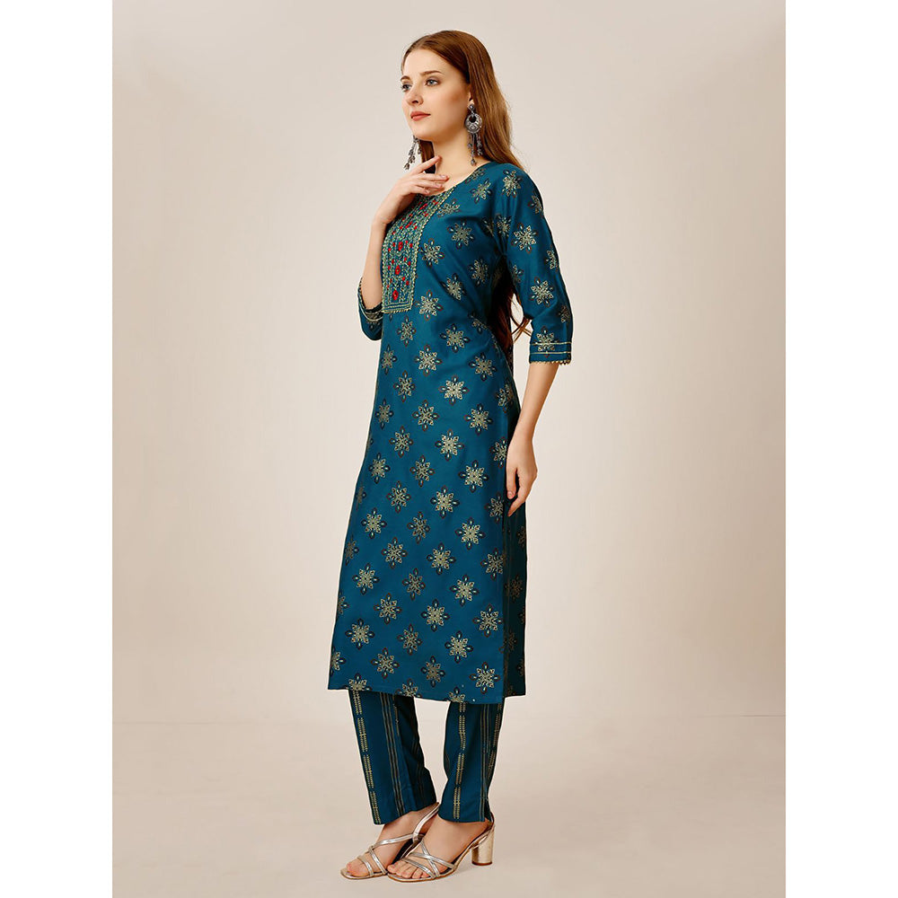 Odette Blue Embroidered Rayon Kurta with Pant (Set of 2)