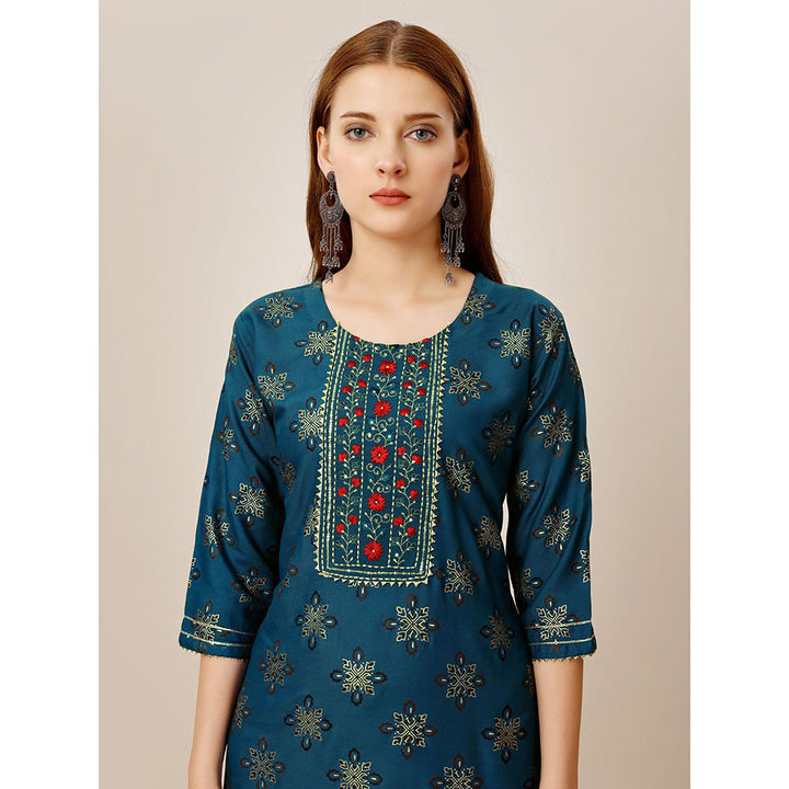 Odette Blue Embroidered Rayon Kurta with Pant (Set of 2)