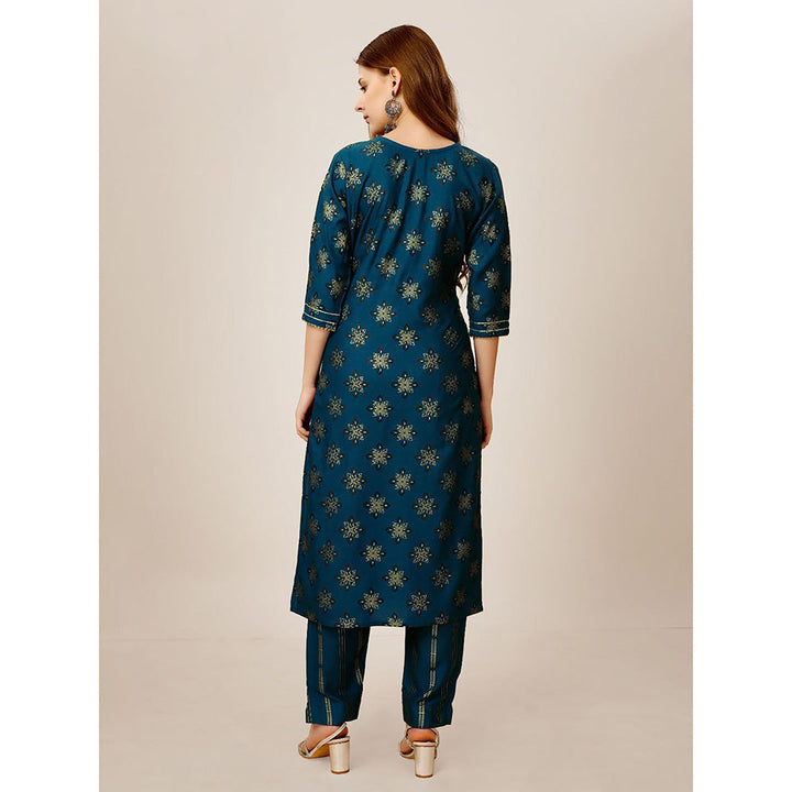 Odette Blue Embroidered Rayon Kurta with Pant (Set of 2)