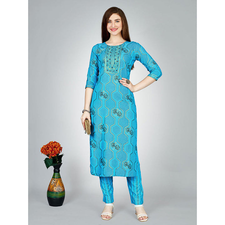 Odette Blue Embroidered Rayon Kurta with Pant (Set of 2)