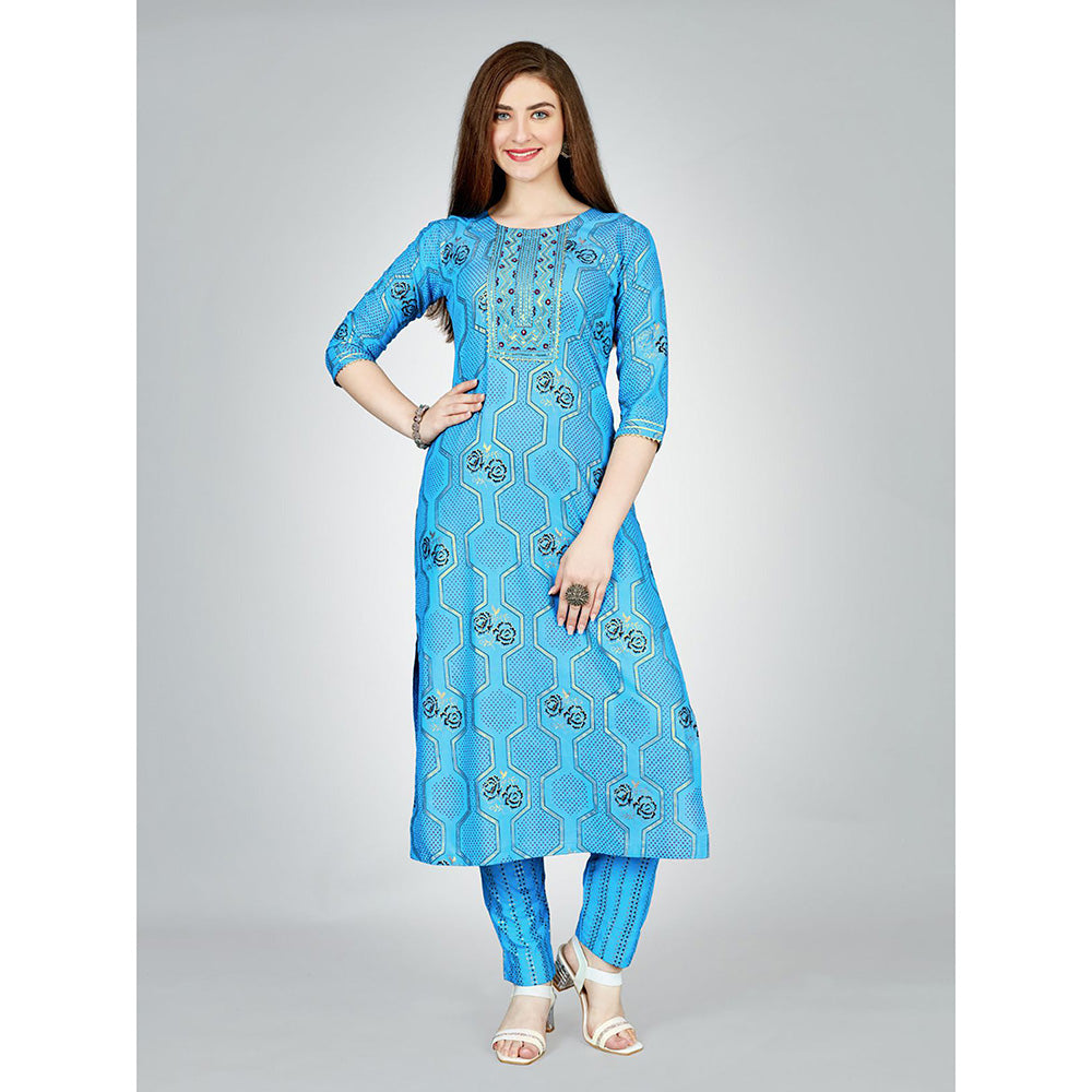 Odette Blue Embroidered Rayon Kurta with Pant (Set of 2)