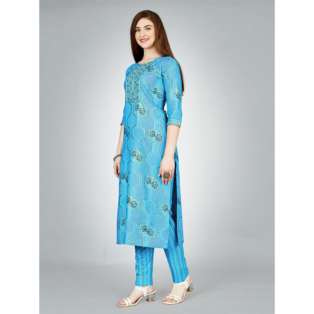 Odette Blue Embroidered Rayon Kurta with Pant (Set of 2)