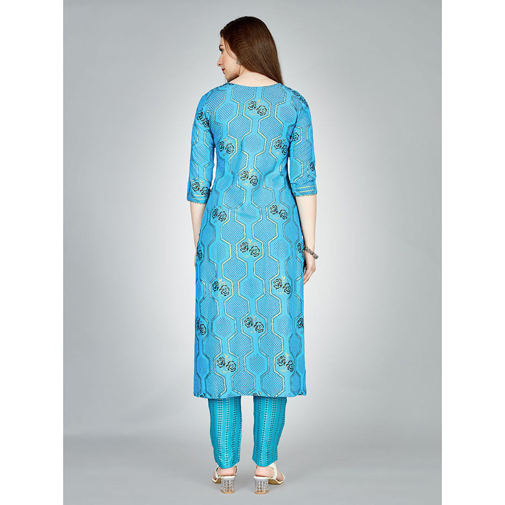 Odette Blue Embroidered Rayon Kurta with Pant (Set of 2)