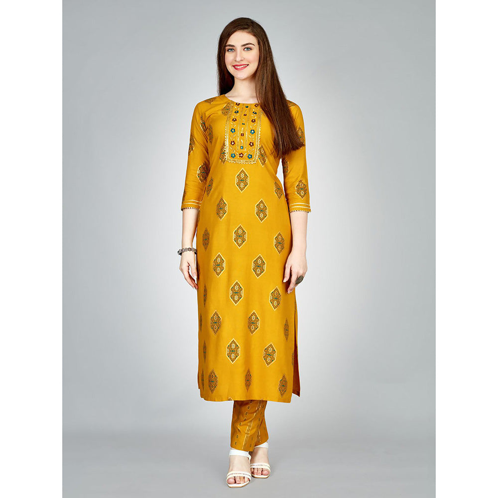 Odette Yellow Embroidered Rayon Kurta with Pant (Set of 2)