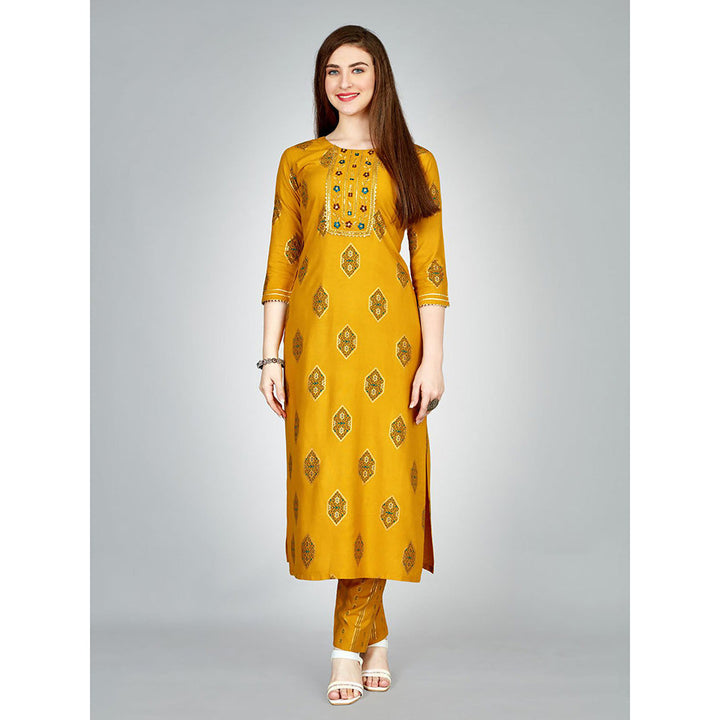 Odette Yellow Embroidered Rayon Kurta with Pant (Set of 2)