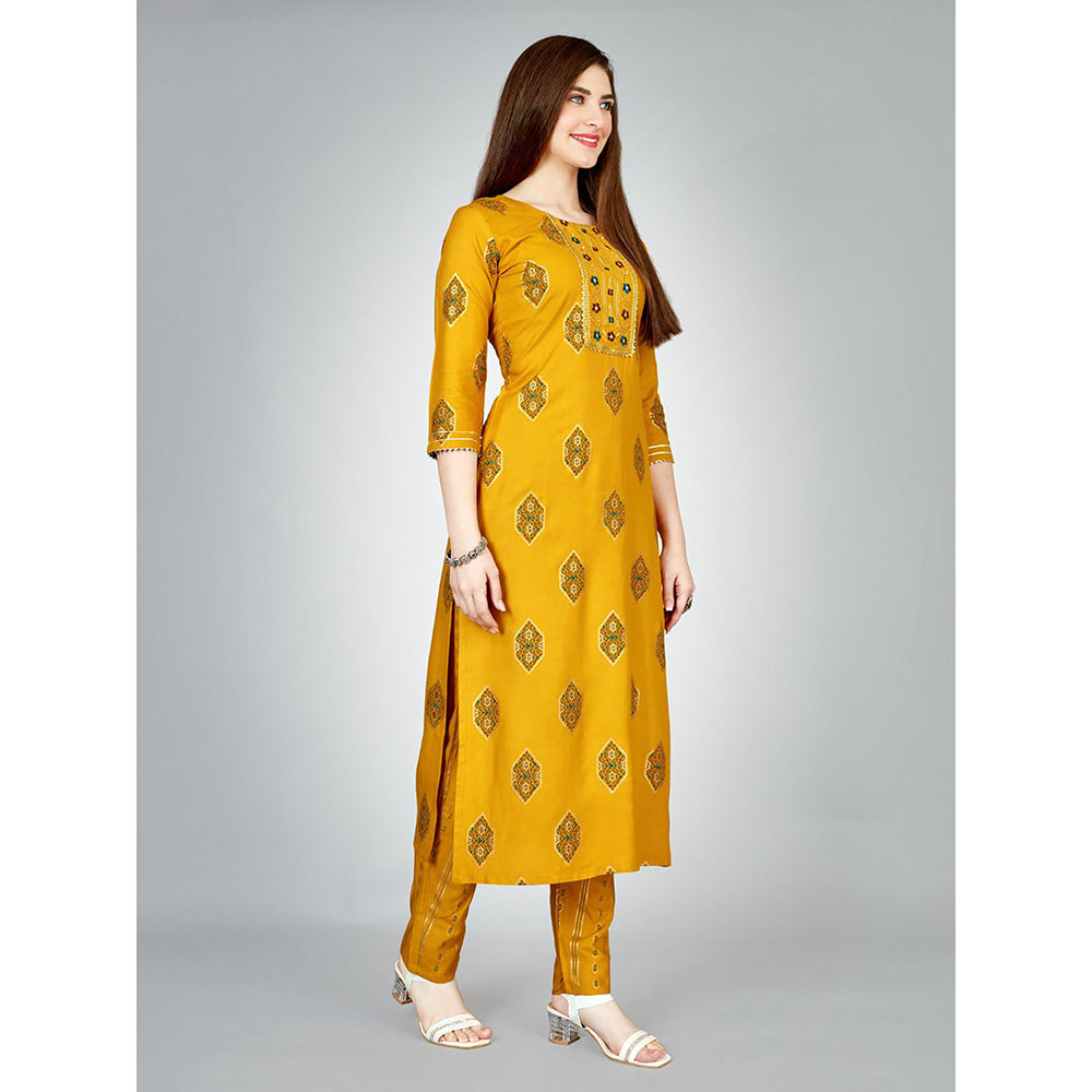 Odette Yellow Embroidered Rayon Kurta with Pant (Set of 2)