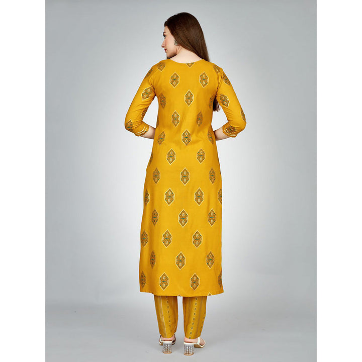 Odette Yellow Embroidered Rayon Kurta with Pant (Set of 2)