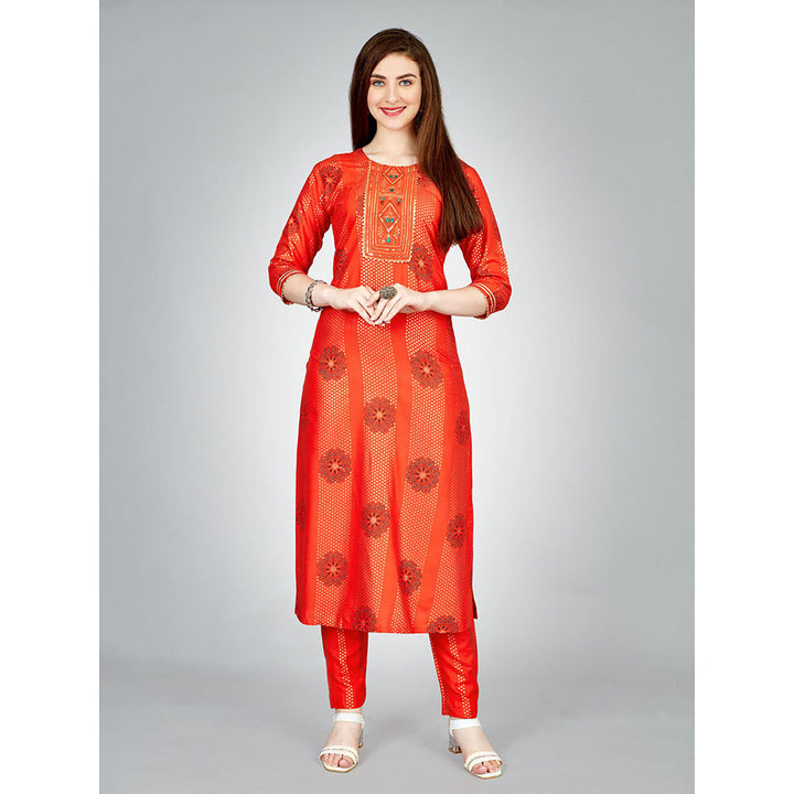 Odette Orange Embroidered Rayon Kurta with Pant (Set of 2)