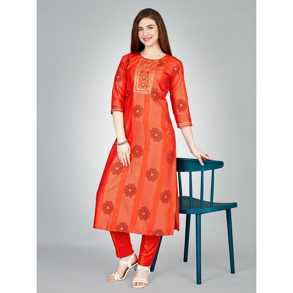 Odette Orange Embroidered Rayon Kurta with Pant (Set of 2)