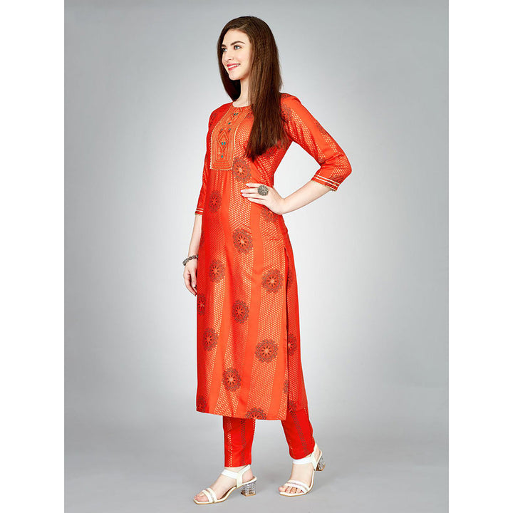 Odette Orange Embroidered Rayon Kurta with Pant (Set of 2)