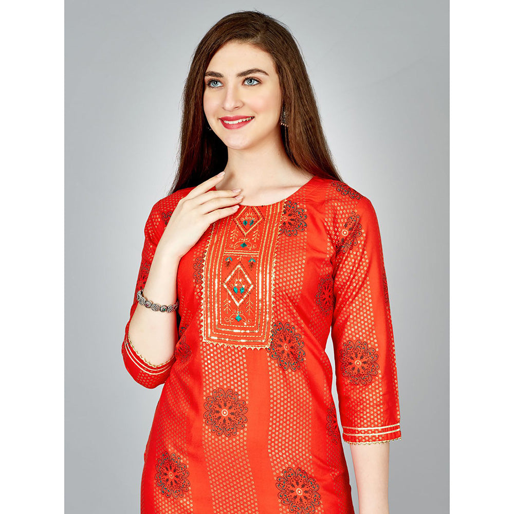 Odette Orange Embroidered Rayon Kurta with Pant (Set of 2)