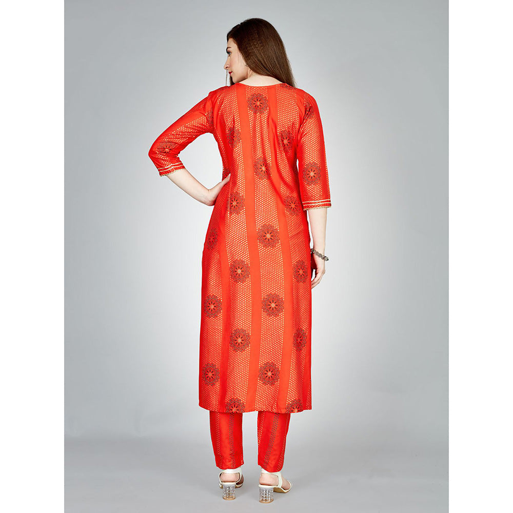 Odette Orange Embroidered Rayon Kurta with Pant (Set of 2)