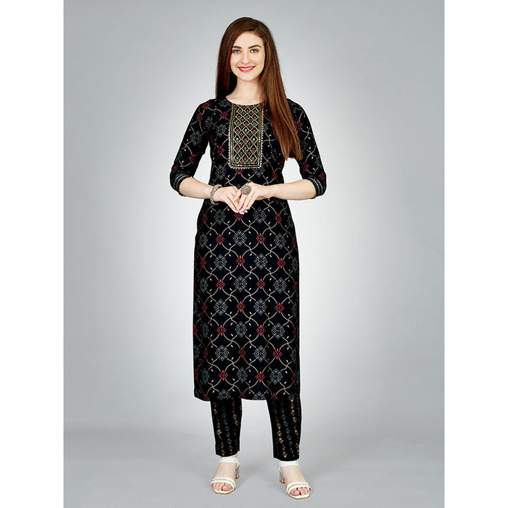 Odette Black Embroidered Rayon Kurta with Pant (Set of 2)