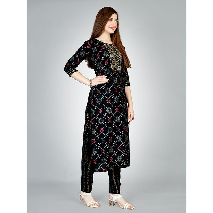 Odette Black Embroidered Rayon Kurta with Pant (Set of 2)