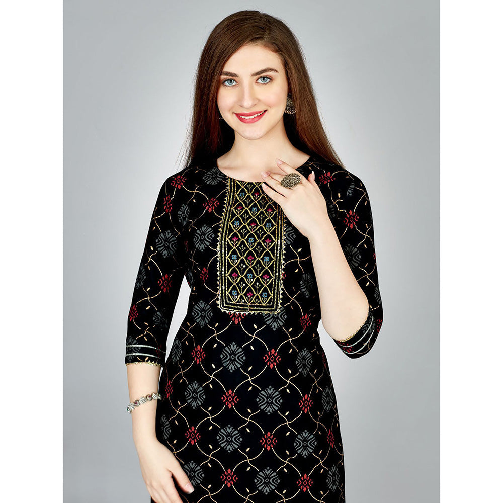 Odette Black Embroidered Rayon Kurta with Pant (Set of 2)