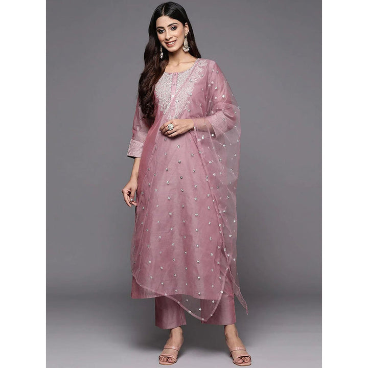 Odette Mauve Embroidered Poly Silk Kurta with Pant and Dupatta (Set of 3)