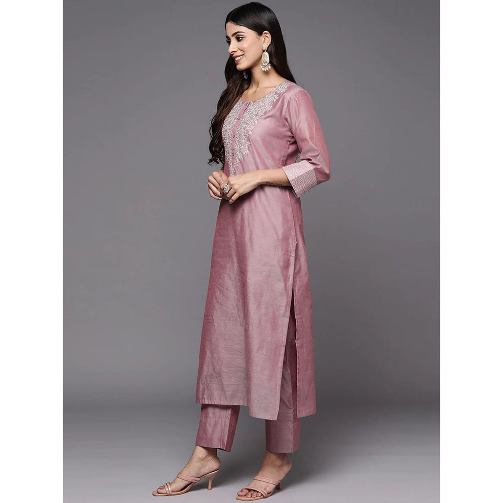 Odette Mauve Embroidered Poly Silk Kurta with Pant and Dupatta (Set of 3)