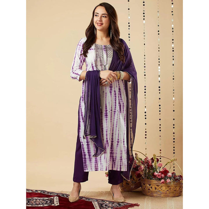 Odette Purple Printed Viscose Kurta with Pant and Dupatta (Set of 3)