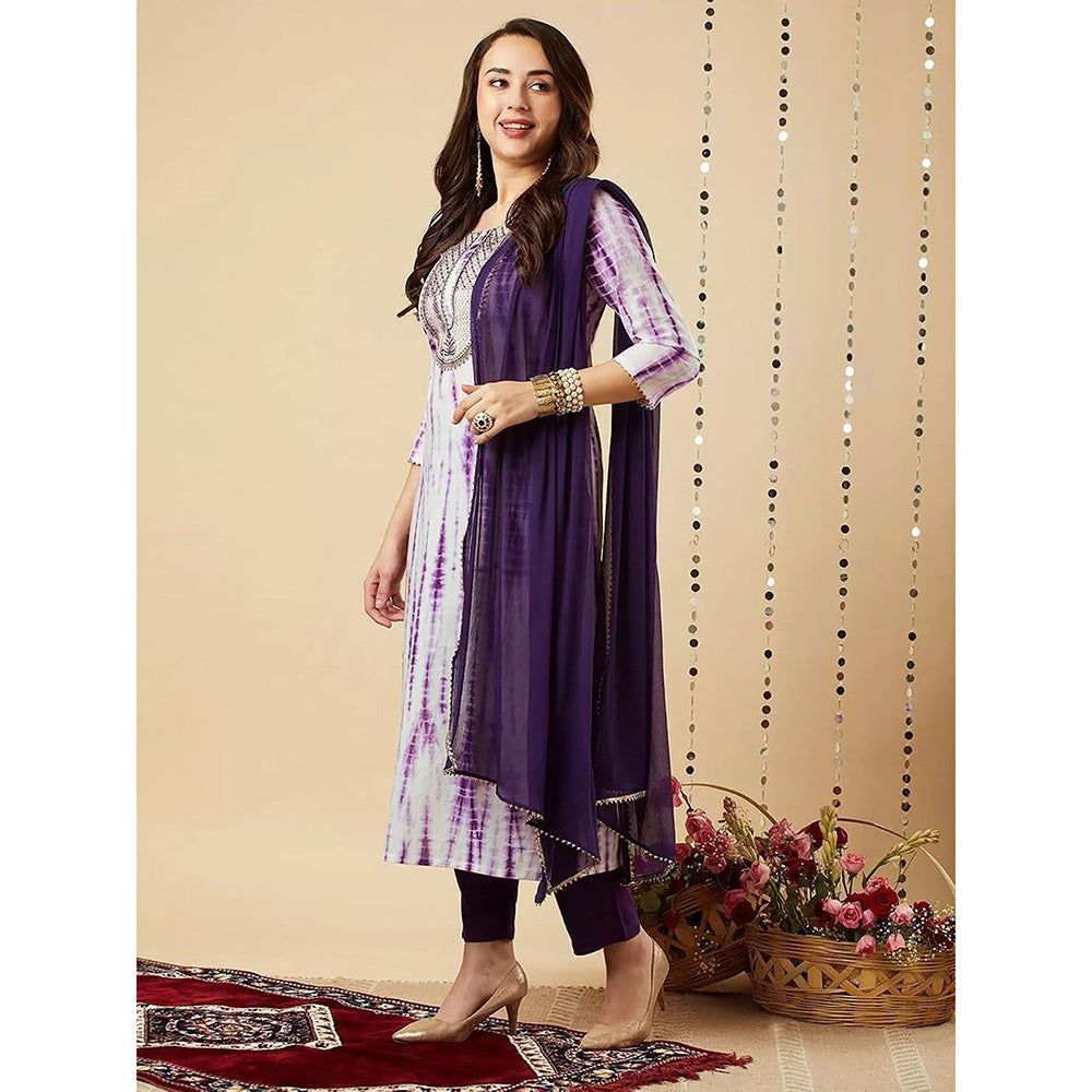 Odette Purple Printed Viscose Kurta with Pant and Dupatta (Set of 3)